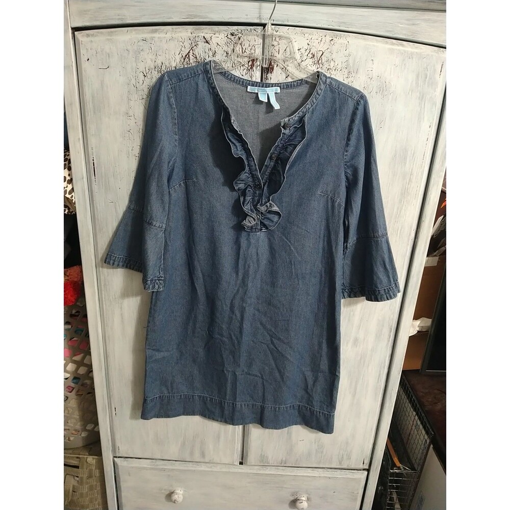 Draper James Denim Flared Sleeve Ruffled Collar Dress Size 4 Cottage Core Boho
